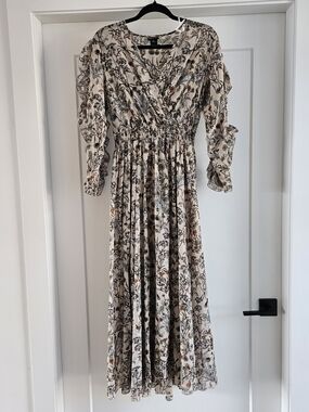 Botanical Print Cream Maxi Dress with Gathered Waist